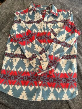 Wrangler Southwestern Fleece Shacket - Blue, Red, burgundy and white